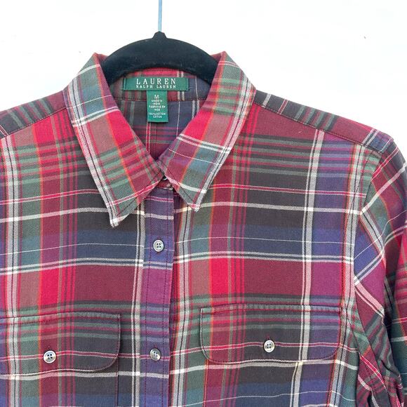 Vintage Lauren Ralph Lauren Tartan Plaid Button Down Cotton Medium Red Purple - Picture 4 of 7